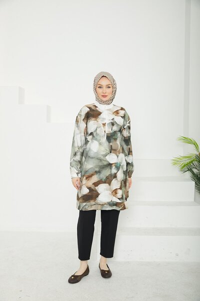 Armine TREND Fermuarlı Kolları Lastikli Desenli Tunik-Bej-25YT438