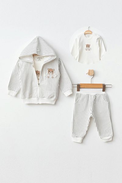 Aziz Bebe Cute Bear Patterned Baby Bottom and Top Cardigan Set of 3 Sizes 3 Months - 36 Months