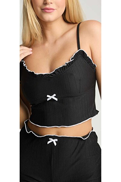 MY Wooft Μαύρο και άσπρο Crop και σορτς Σετ Πιτζάμες Νυχτικό