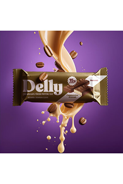Delly 12 Adet Çikolata Kaplı, Yüksek Proteinli Bar, Cappuccino Aromalı, 40g