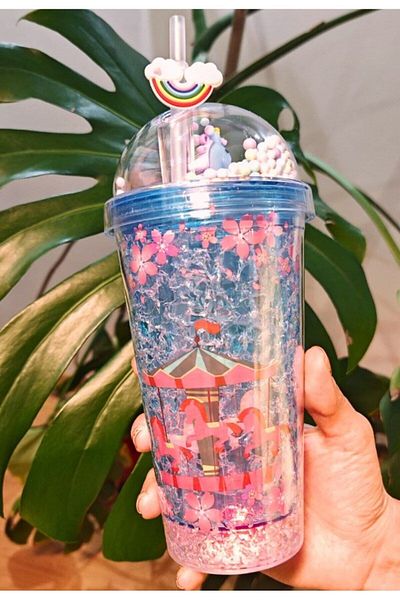 Lexi Bella Led Lighted Character Figure Carousel Themed Water Bottle with Straw Frosted Glass Appearance 450ml Double Layer 2768