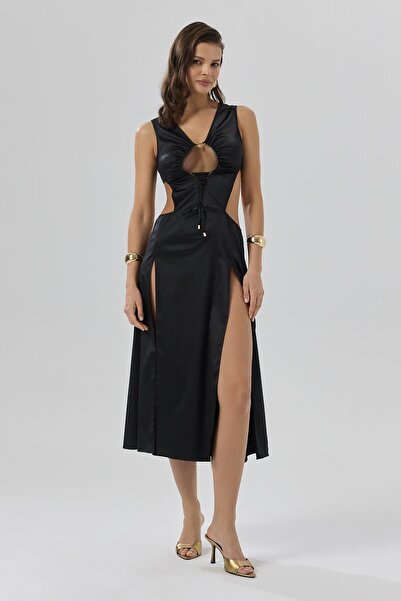 Feu De Elu Sensure Siyah Esnek Saten Tül Detaylı V Yaka Uzun Gecelik