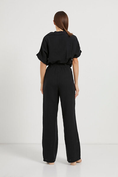 Arma Life Kadın Bel Lastik Düğmeli Müslin Siyah Bol Pantolon