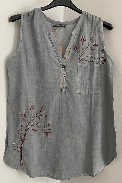 AYASOFYA OTANTIK Women's Gray Tree Embroidered Button Detailed Tank Top