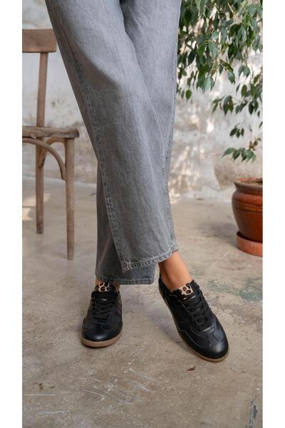 ECENİN BUTİĞİ Solomon Siyah-Leopar Hakiki Deri Kadın Spor Ayakkabı