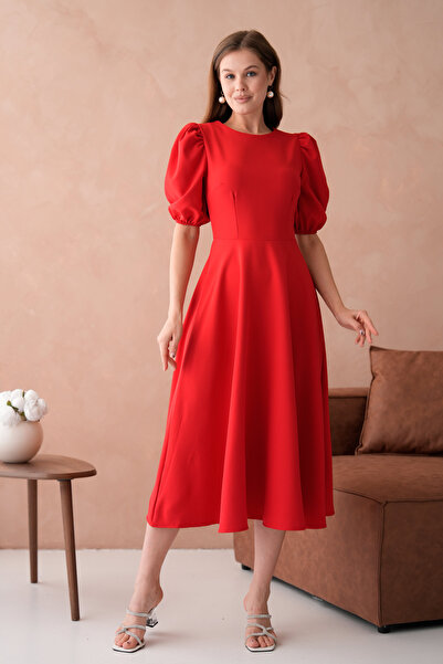 vuvutasarım Red Atlas Fabric Round Neck Princess Sleeve Detail Midi Dress 220