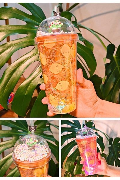 Lexi Bella Led Lighted Character Figure Cute Lemon Themed Water Bottle with Straw Frosted Glass Appearance 450ml Double Layer2768