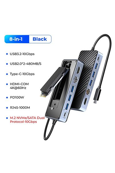 Orico موزع USB-C من ORICO 8 في 1 مع حاوية SSD RJ45 بسرعة 1000 ميجابت في الثانية ومحطة إرساء للكمبيوتر المحمول بدقة 4K و60 هرتز وHDMI-Com بقوة 100 واط