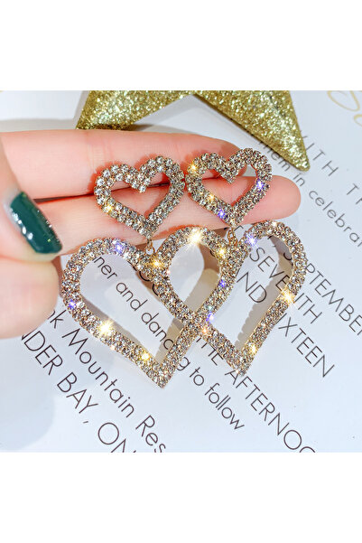 Choice أقراط ذهبية فاخرة من حجر الراين للنساء على شكل قلب كبير مزدوج من اللؤل...