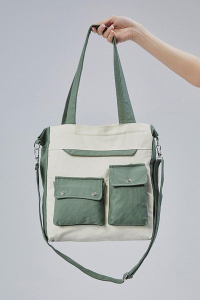 Çınar Bez Çanta Canvas Front Pockets Snap Bag (Mint Green-Ecru)