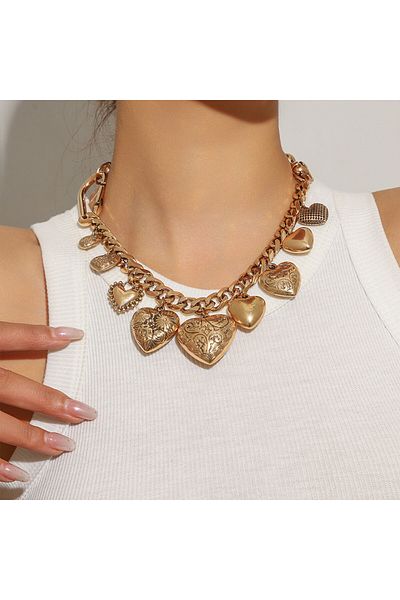 Choice Gold Color Exaggerated Vintage Heart Pendant Necklace Punk Retro Gold Color Cuban Chains Chokers for