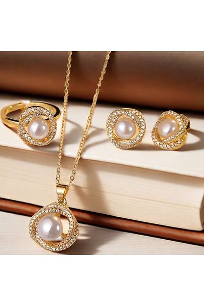 Choice Gold-color 4pcs Rhinestone Jewelry Set Including Necklace, Earrings, Ring, Vintage Elegant Necklace