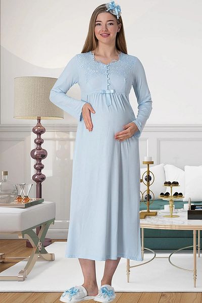 By Mecit Pijama Μακρυμάνικο με Peignoir και Λεπτομέρεια Γκιπούρ Σετ Νυχτικό εγκυμοσύνης 2 τεμαχίων 80% βαμβάκι, 20% βισκόζη