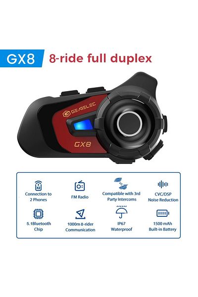 Choice GX8 أحمر GEARELEC GX8 دراجة نارية بلوتوث اتصال داخلي مشاركة الموسيقى 1500 متر 8 راكبين مجموعة خوذة التواصل