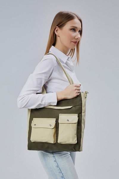 Çınar Bez Çanta Canvas Front Pockets Snap Bag (Dark Green - Beige)
