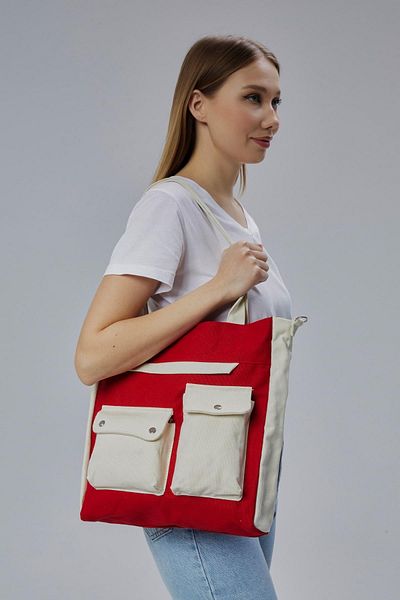 Çınar Bez Çanta Canvas Front Pockets Snap Bag (Red-Ecru)