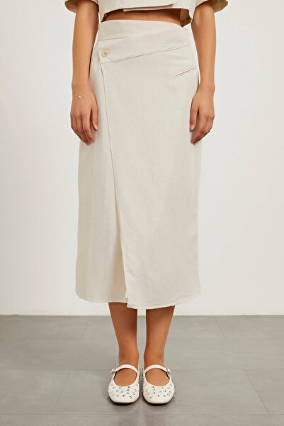 Arma Life Kadın Basic Düğmeli Uzun Keten Ekru Kalem Etek