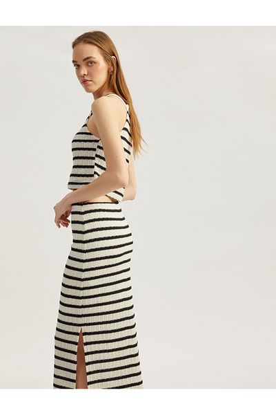Koton Crochet Pencil Long Skirt with Striped Slit Detail