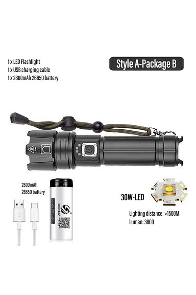 Choice A- Package B Super Bright Led Flashlight Usb Rechargeable Torch Light With 30w Led Can Illuminate 15