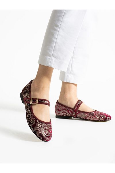 ALEMDAR AYAKKABI Gundy Burgundy Embroidery Detail Women's Ballerinas