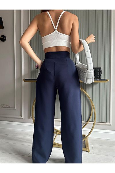msendam Women's Collared High Waist Tube Leg Fabric Trousers Navy Blue