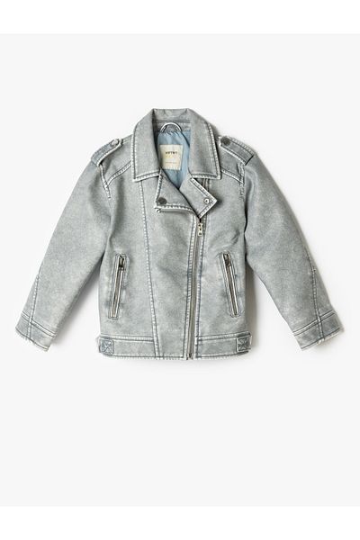 Koton Faux Leather Biker Jacket with Zippered Pocket Detail