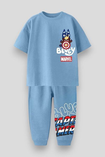 Magu طقم للأولاد من القطن باللون الأزرق المطبوع عليه Bluey & Marvel - بطابع كابتن أمريكا