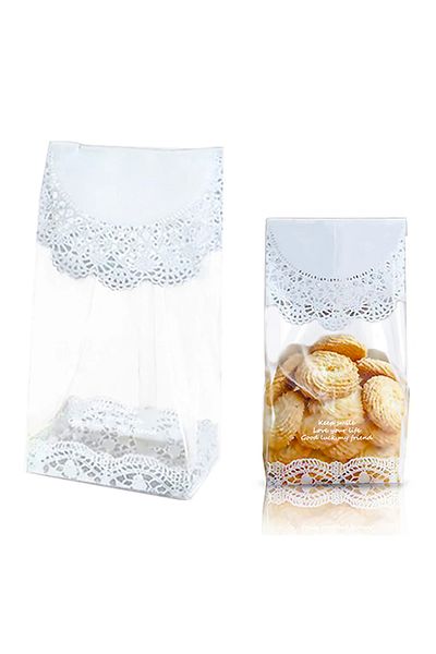 Choice 23x8.5x6cm 50pcs 50pcs White Lace Cookie Biscuit Bag Clear Candy Snack Wrap Bag Wedding Birthday Par
