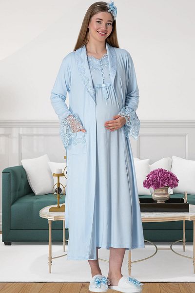 By Mecit Pijama Μακρυμάνικο με Peignoir και Λεπτομέρεια Γκιπούρ Σετ Νυχτικό εγκυμοσύνης 2 τεμαχίων 80% βαμβάκι, 20% βισκόζη