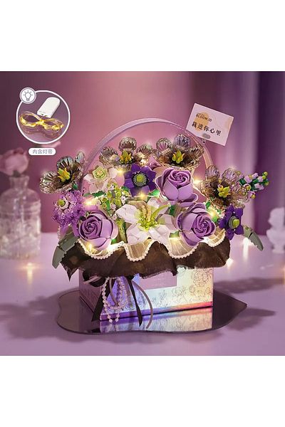 Choice With Box Purple Creative Pink Rose Basket Bouquet Building Blocks Portable Flower Bouquet Gift Box S