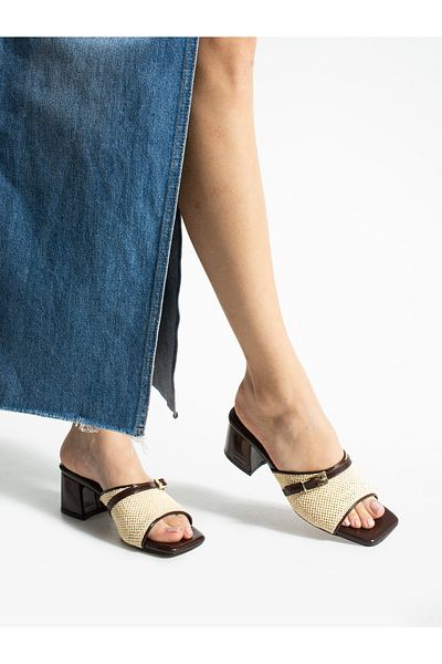 ALEMDAR AYAKKABI Niva Brown-Cream Straw Heeled Women's Slippers