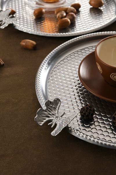 AKSESUAR EVRENİ Iren Round Honeycomb Model Butterfly Detailed Presentation Tray Silver Set of 6