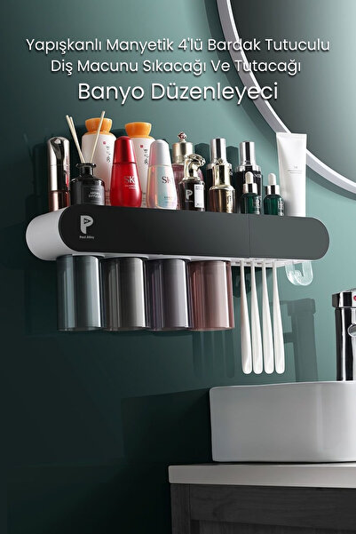 post alley Yapışkanlı Manyetik 4'lü Bardak Tutuculu Diş Macunu Sıkacağı Ve Tutacağı Banyo Düzenleyeci