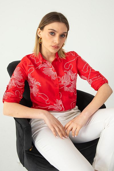 Nuevo Red Chain Sleeve Folded Linen Shirt