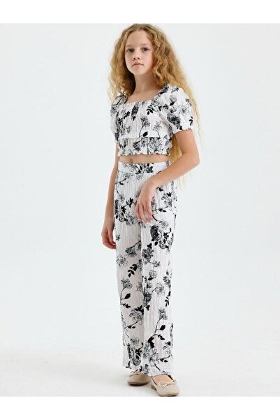 Zekids Girl's Floral Patterned Woven Trousers