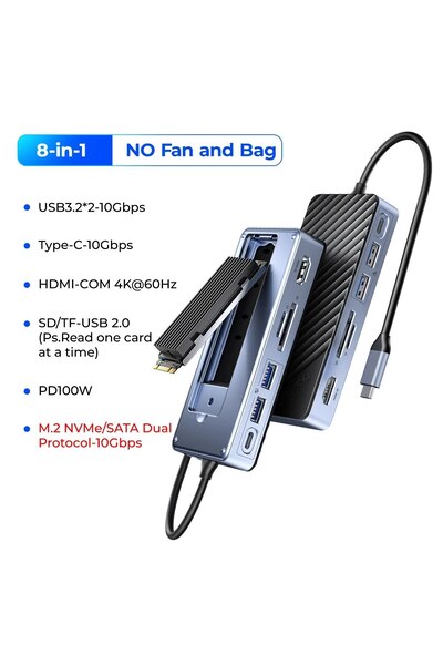 Orico موزع USB-C من ORICO 8 في 1 مع حاوية SSD ومحطة إرساء للكمبيوتر المحمول ب...