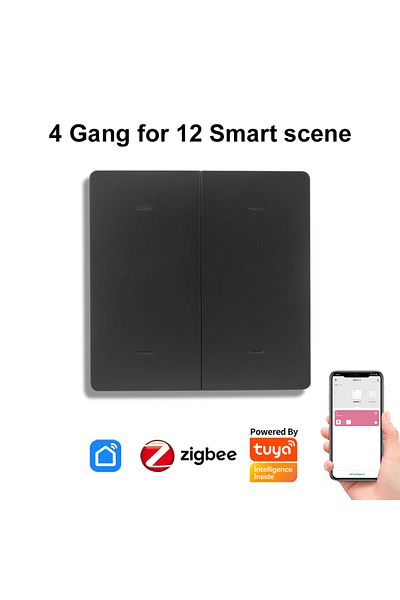 manhot 4Gang(Black) Tuya Smart ZigBee Wireless Scene Switch Push Button 12 Scene Battery Powered Transmitte