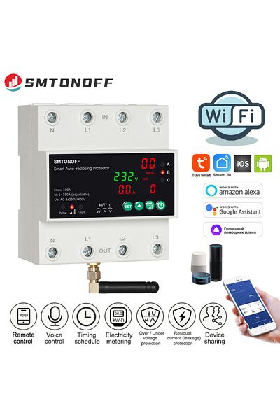 smartmcb 380V Tuya WiFi Three Phase 4P 100A Auto-Reclosing Over Under Voltage Protector Prepaid Meter Timer S