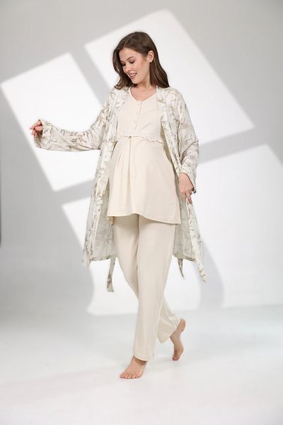 LOHOUSE Beige Olive Patterned Maternity 3-Piece Pajama Set - Soft Textured Maternity