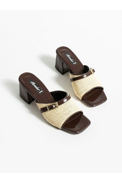 ALEMDAR AYAKKABI Niva Brown-Cream Straw Heeled Women's Slippers