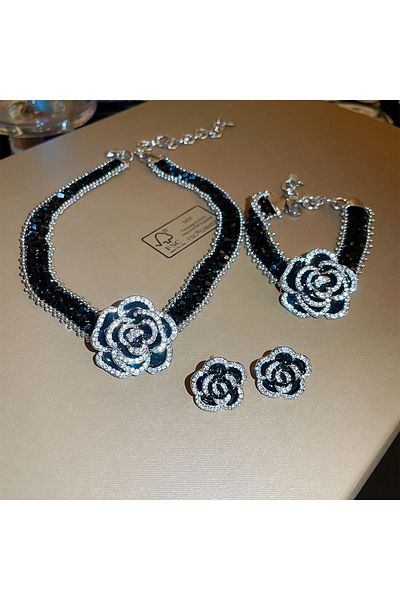 Choice three sets Korea Rhinestone Drops Oil Camellia Three Pcs Sets Crystal Necklace Luxury Fashion Temper