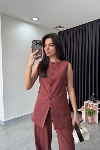 ECEMİ Pocket Detail Tile Linen Vest Trousers Set