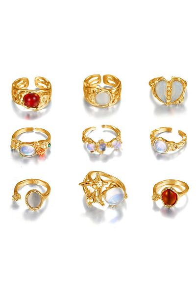 Choice 5832602 9Pcs Fashionable Women's Golden Wide Faced Cat's Eye Stone Glossy Ring Set for Women's Daily