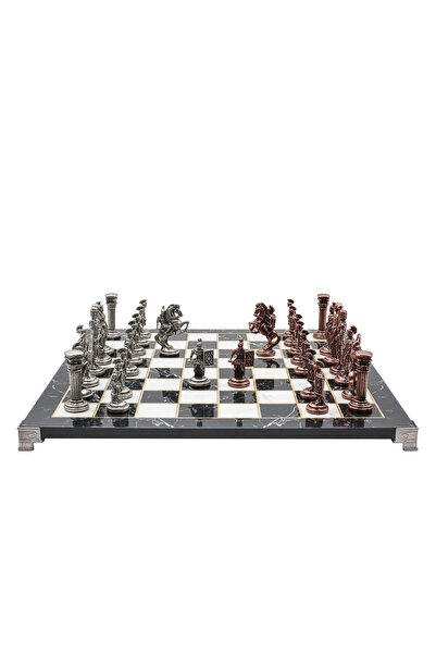 Cooper Chess 37cm Mermer Desenli Bronz Antik Roma Asker Kare Kalkan Figür Satranç Takımı Dekoratif Hediyelik Set