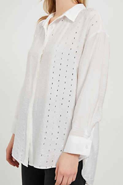 Arma Life Kadın Oversize Uzun Kollu Taş Dizimli Beyaz Gömlek