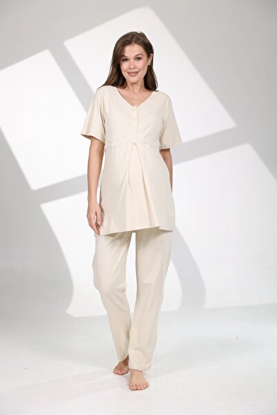 LOHOUSE Kadın Bej Rengi Olive Desenle Yumuşak Dokulu Lohusa Hamile 3'lü Pijama Takım Set