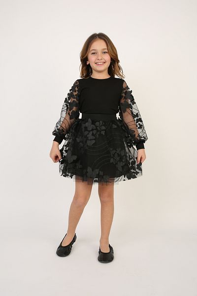 YCN TEKSTİL Black Butterfly Patterned Skirt/T-Shirt Girl's Top-Bottom Suit April 23 Show Clothes