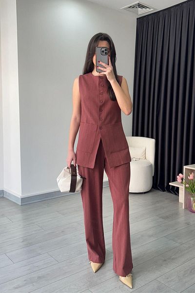 ECEMİ Pocket Detail Tile Linen Vest Trousers Set