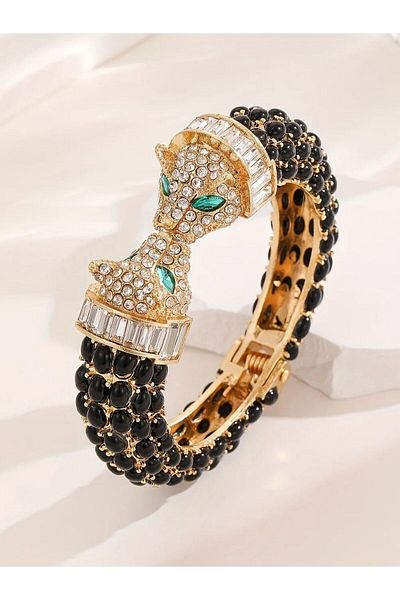 Choice Gold-color Vintage Luxury Full Rhinestone Double Headed Leopard Open Bangles Fashion Exquisite Versa