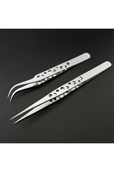 Choice 2 types 2PC SIndustrial Tweezers Electronics Anti-static Curved Straight Tip Precision Stainless DIY